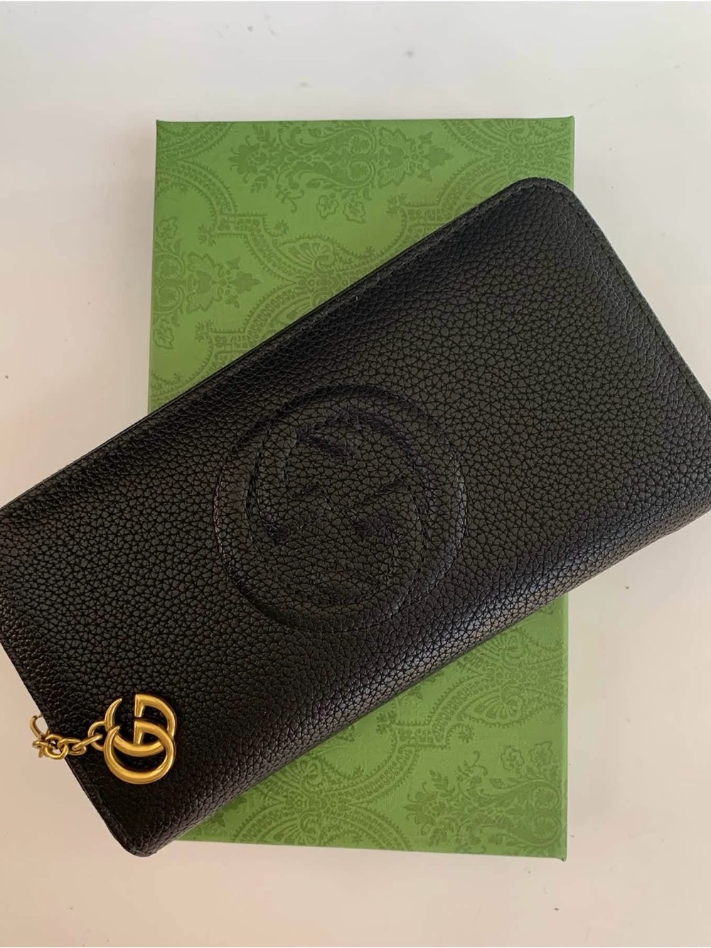 Luxury Fashion Black Pebbled Leather Zip-Around Wallet with Logo Charm & Box